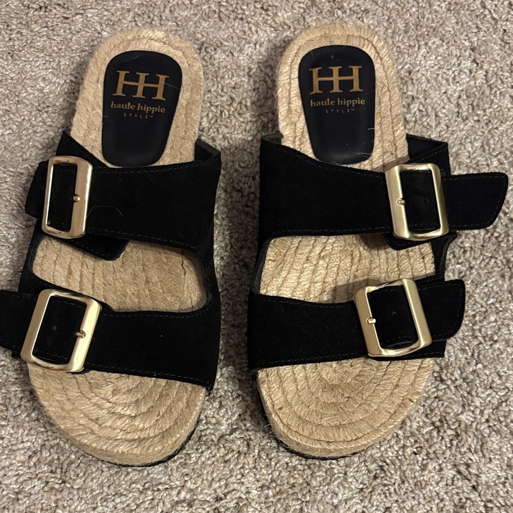 Haute Hippie Black Sandals with Gold Accents